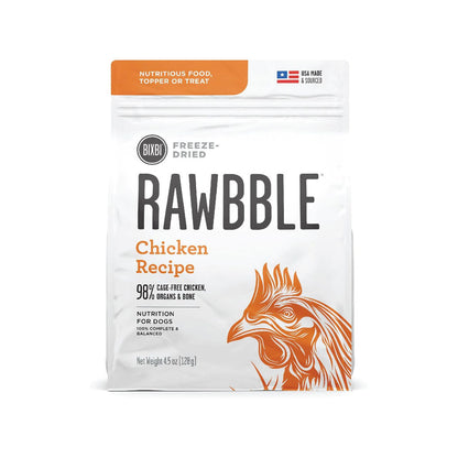 Front of a 4.5 oz bag of BIXBI RAWBBLE Chicken Recipe freeze-dried dog food, with orange lettering and a chicken illustration.