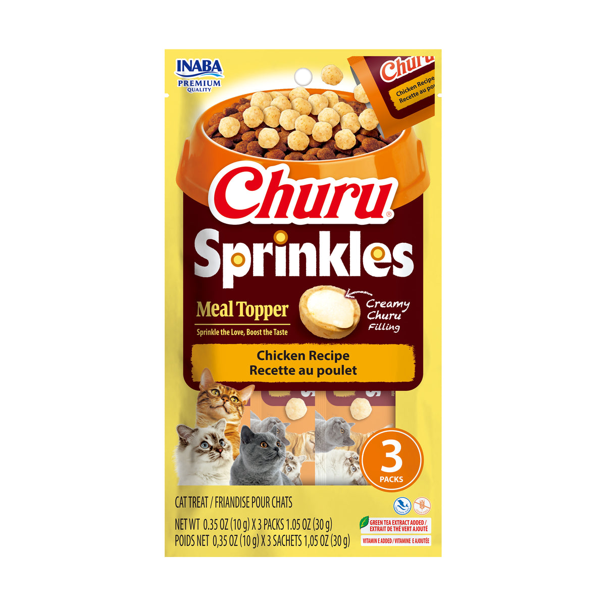 INABA Churu Sprinkles Chicken Recipe cat meal topper, front of 3-pack 1.05 oz bag