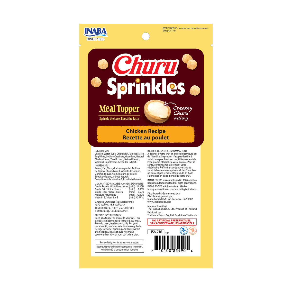 Back of Churu Sprinkles Chicken Recipe bag with ingredients, guaranteed analysis, calories and feeding instructions