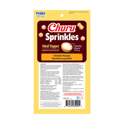 Back of Churu Sprinkles Chicken Recipe bag with ingredients, guaranteed analysis, calories and feeding instructions