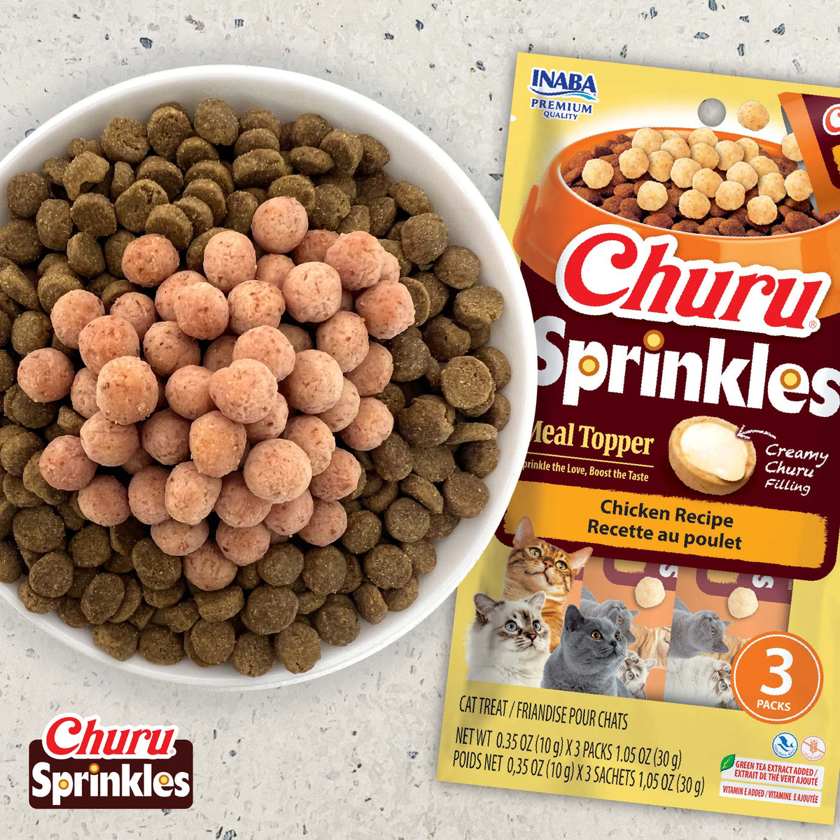 Churu Sprinkles Chicken Recipe bag beside a bowl of dry cat food topped with Sprinkles