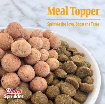 Churu Sprinkles morsels served over dry cat food as a meal topper