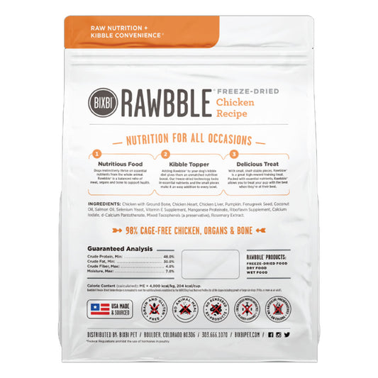 Back of BIXBI RAWBBLE Chicken Recipe freeze-dried dog food bag, showing ingredients, guaranteed analysis, and food, topper, and treat uses.