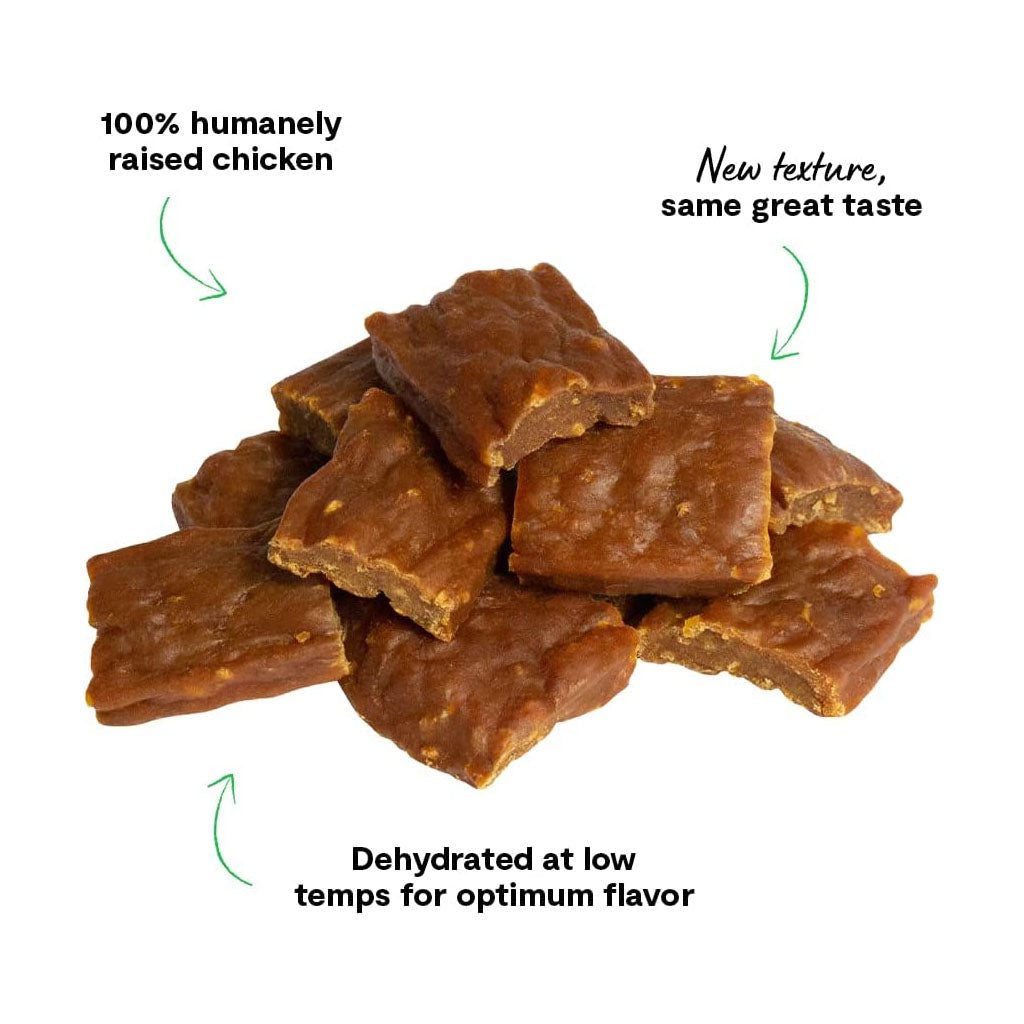 Dehydrated Chicken Treats 4.5oz texture description. Dehydrated at low temperatures.