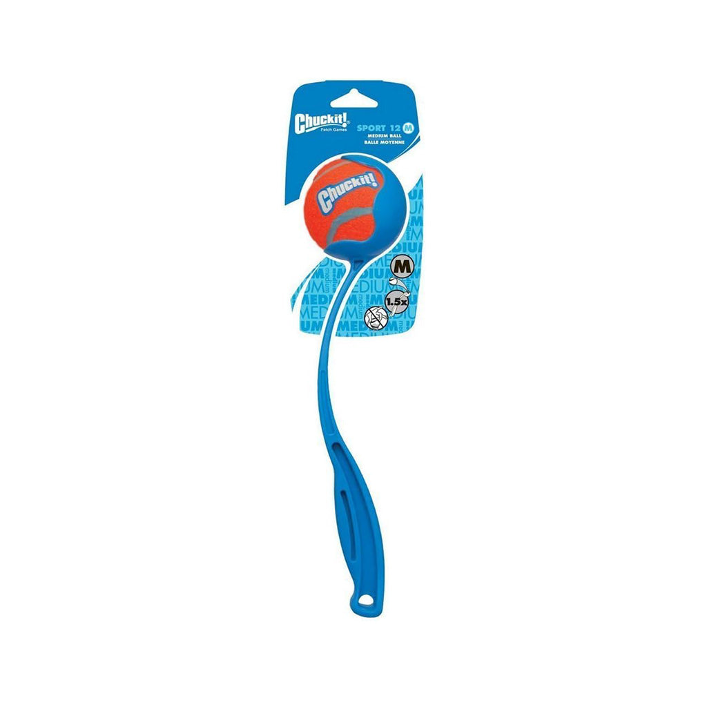 Compact blue Chuckit! ball launcher with an included orange and blue tennis ball on packaging labeled Sport 12M.