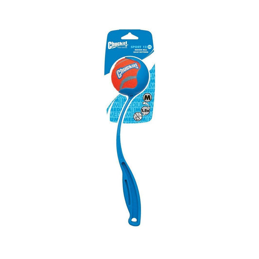 Compact blue Chuckit! ball launcher with an included orange and blue tennis ball on packaging labeled Sport 12M.