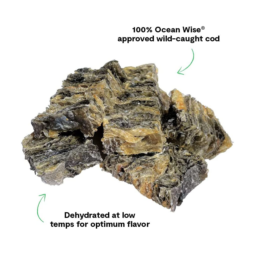 Dehydrated Cod Skin Treats 2.25oz. Dehydrated at low temperatures using 100% ocean wise approved wild caught cod.