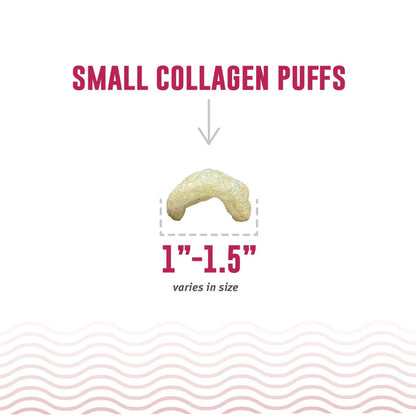 Icelandic+ small collagen puff size guide showing a curved puff measuring 1 to 1.5 inches