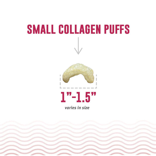 Icelandic+ small collagen puff size guide showing a curved puff measuring 1 to 1.5 inches
