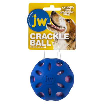 Purple JW Crackle Ball medium dog toy with retail hang tag and visible crunchy inner ball