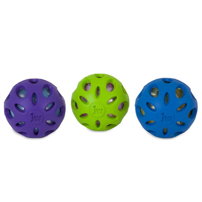 JW Crackle Ball dog toys in purple, green and blue with crunchy inner balls