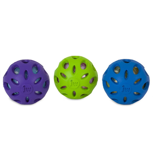 JW Crackle Ball dog toys in purple, green and blue with crunchy inner balls
