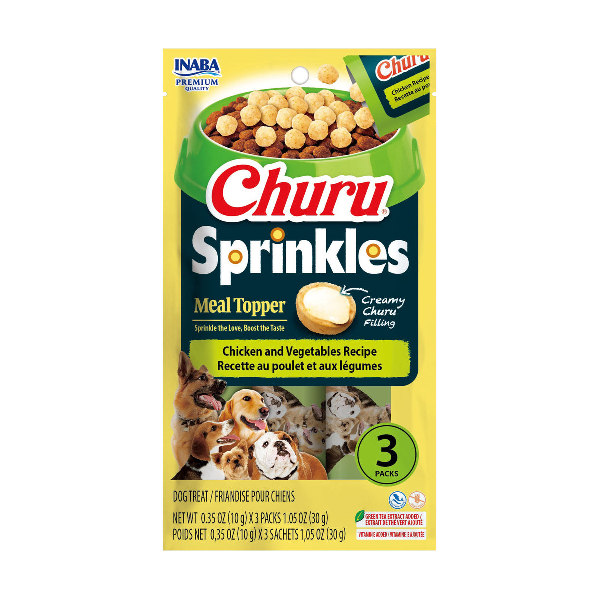 INABA Churu Sprinkles Chicken and Vegetables Recipe dog meal topper, front of 3-pack 1.05 oz bag