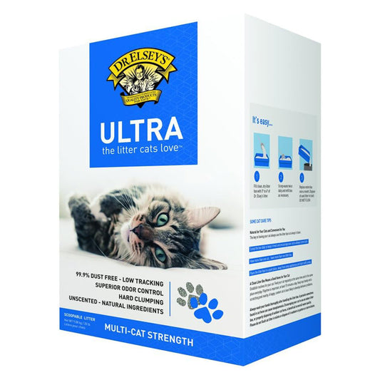 Dr. Elsey’s Ultra unscented clumping cat litter in white and purple multi-cat strength packaging with a tabby cat on the front.
