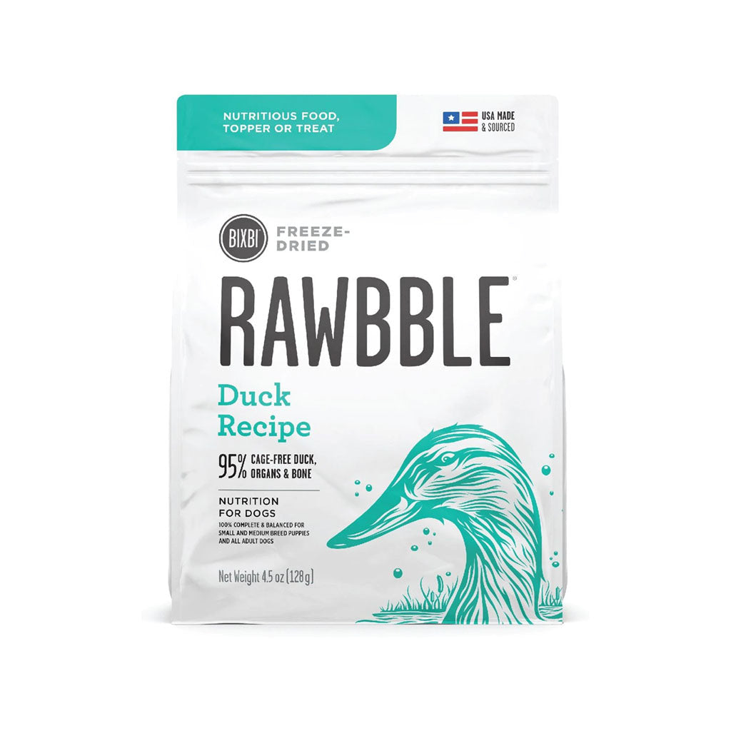 Front of a 4.5 oz bag of BIXBI RAWBBLE Duck Recipe freeze-dried dog food, with teal lettering and a duck illustration.