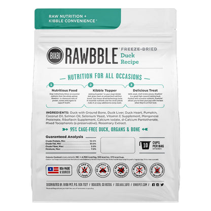 Back of BIXBI RAWBBLE Duck Recipe freeze-dried dog food bag, showing ingredients, guaranteed analysis, and food, topper, and treat uses.