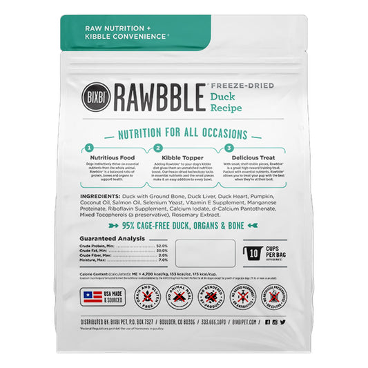 Back of BIXBI RAWBBLE Duck Recipe freeze-dried dog food bag, showing ingredients, guaranteed analysis, and food, topper, and treat uses.