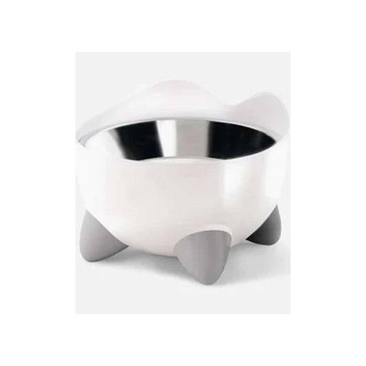 White Catit PIXI elevated feeding dish with cat-ear details, a stainless steel bowl, and three gray feet.