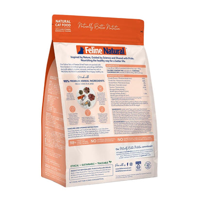 Back of a Feline Natural Lamb & King Salmon Feast freeze-dried cat food pouch, showing ingredients, guaranteed analysis and feeding instructions.