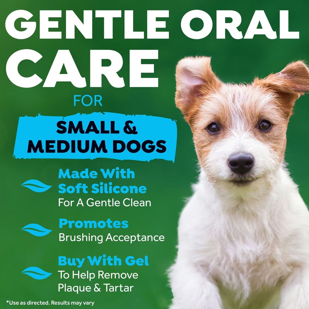 Gentle oral care for small and medium breed dogs. Made with soft silicone for a gentle clean it promotes brushing acceptance. 