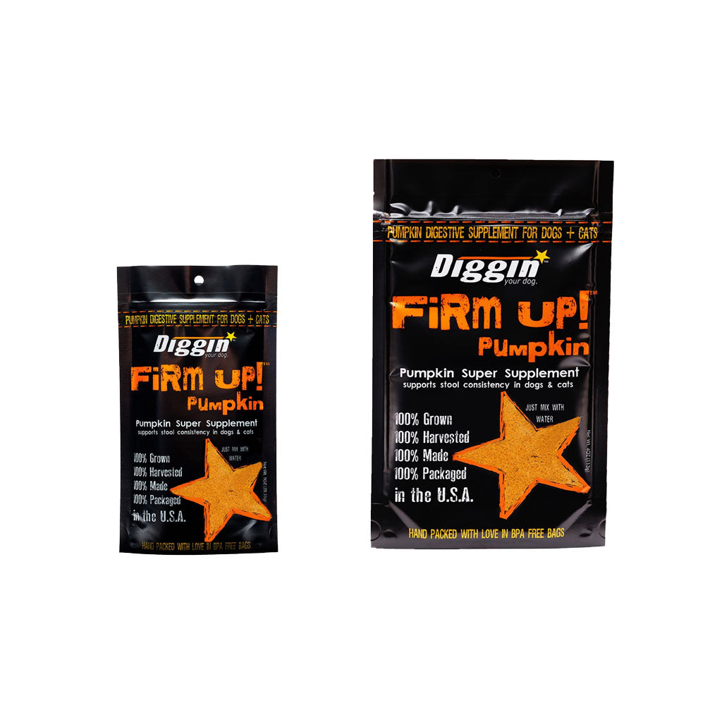 Two sizes of Diggin' Your Dog Firm Up! Pumpkin supplement in black and orange pouches, with the smaller pouch beside the larger pouch.