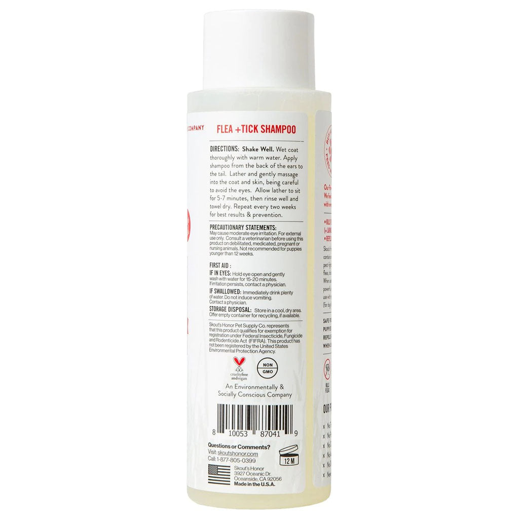 Flea & Tick Dog Shampoo 16 oz back of bottle. 