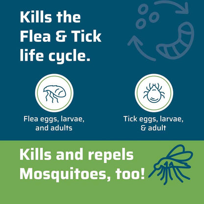 Kills the flea and tick life cycle. Kills and repels mosquitoes too.