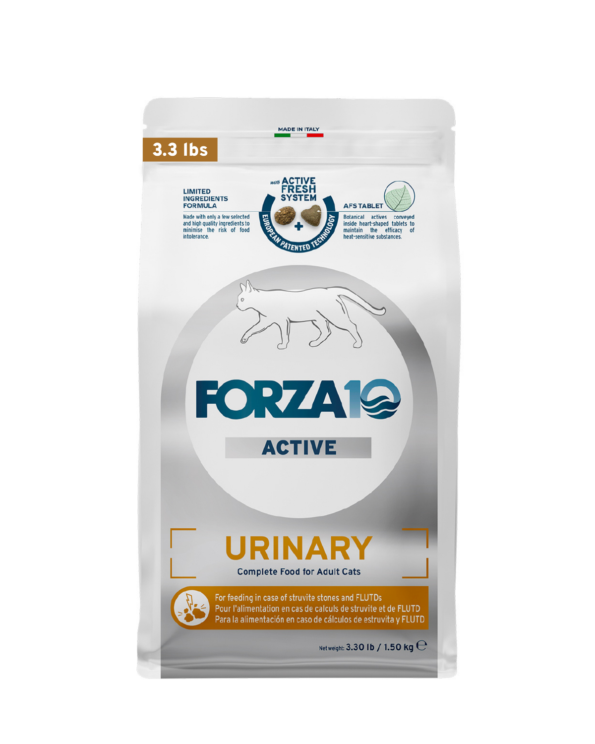 Forza10 Active Urinary dry food for adult cats, fish-flavored 3.3 lb bag.