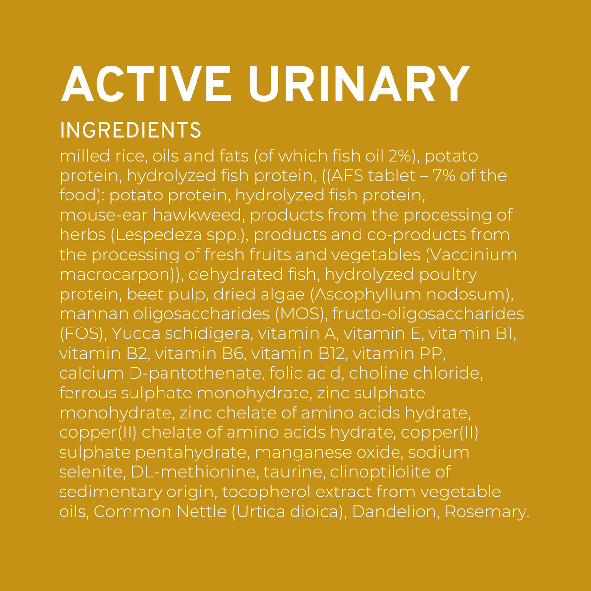 Forza10 Active Urinary cat food ingredient panel on a yellow background.