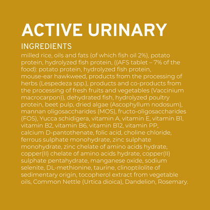 Forza10 Active Urinary cat food ingredient panel on a yellow background.
