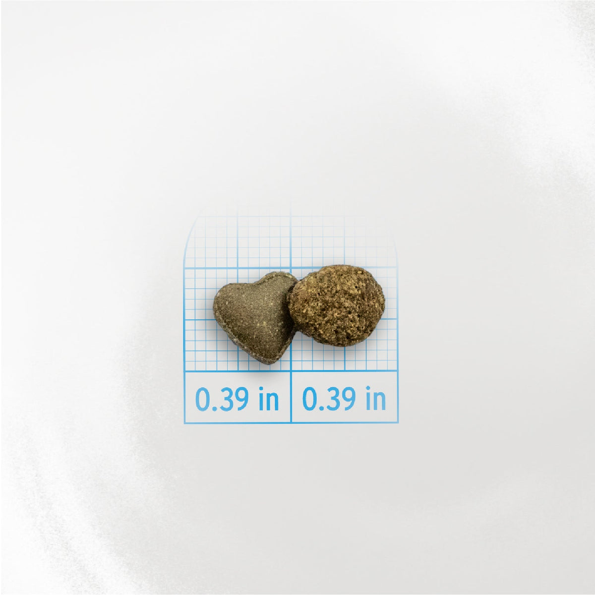 Forza10 round kibble and heart-shaped Active Fresh System tablet, each approximately 0.39 inch.
