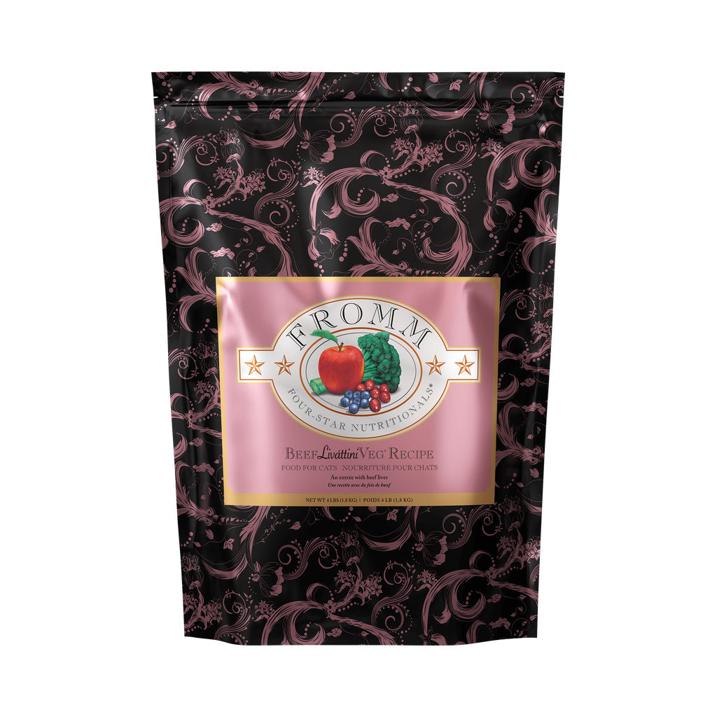 Black and pink patterned bag of Fromm Four-Star Beef Liváttini Veg Recipe dry cat food