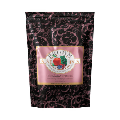 Black and pink patterned bag of Fromm Four-Star Beef Liváttini Veg Recipe dry cat food