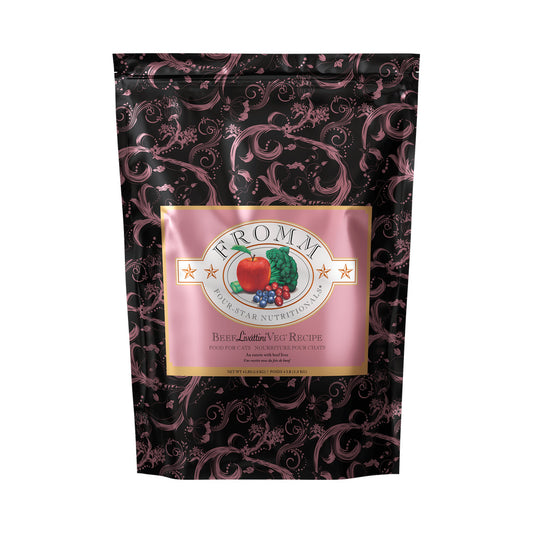 Black and pink patterned bag of Fromm Four-Star Beef Liváttini Veg Recipe dry cat food