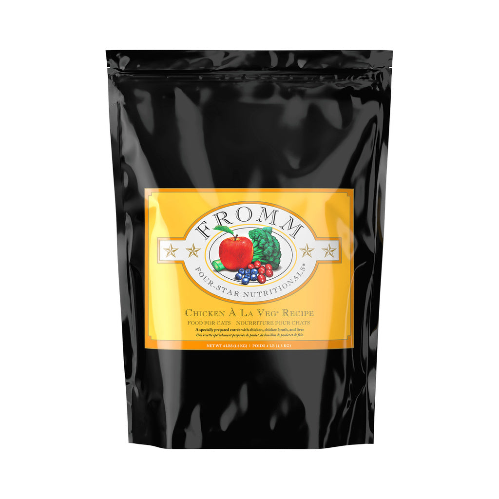 Black bag of Fromm Four-Star Nutritionals Chicken À La Veg Recipe dry cat food with a yellow label