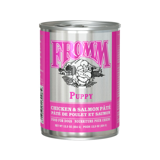 12.5 oz can of Fromm Classic Puppy Chicken & Salmon Pâté wet dog food with a pink and silver label