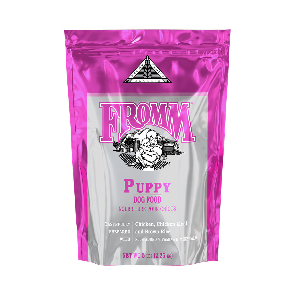 5 lb pink and silver bag of Fromm Classic Puppy dry dog food