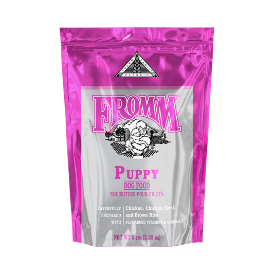 5 lb pink and silver bag of Fromm Classic Puppy dry dog food