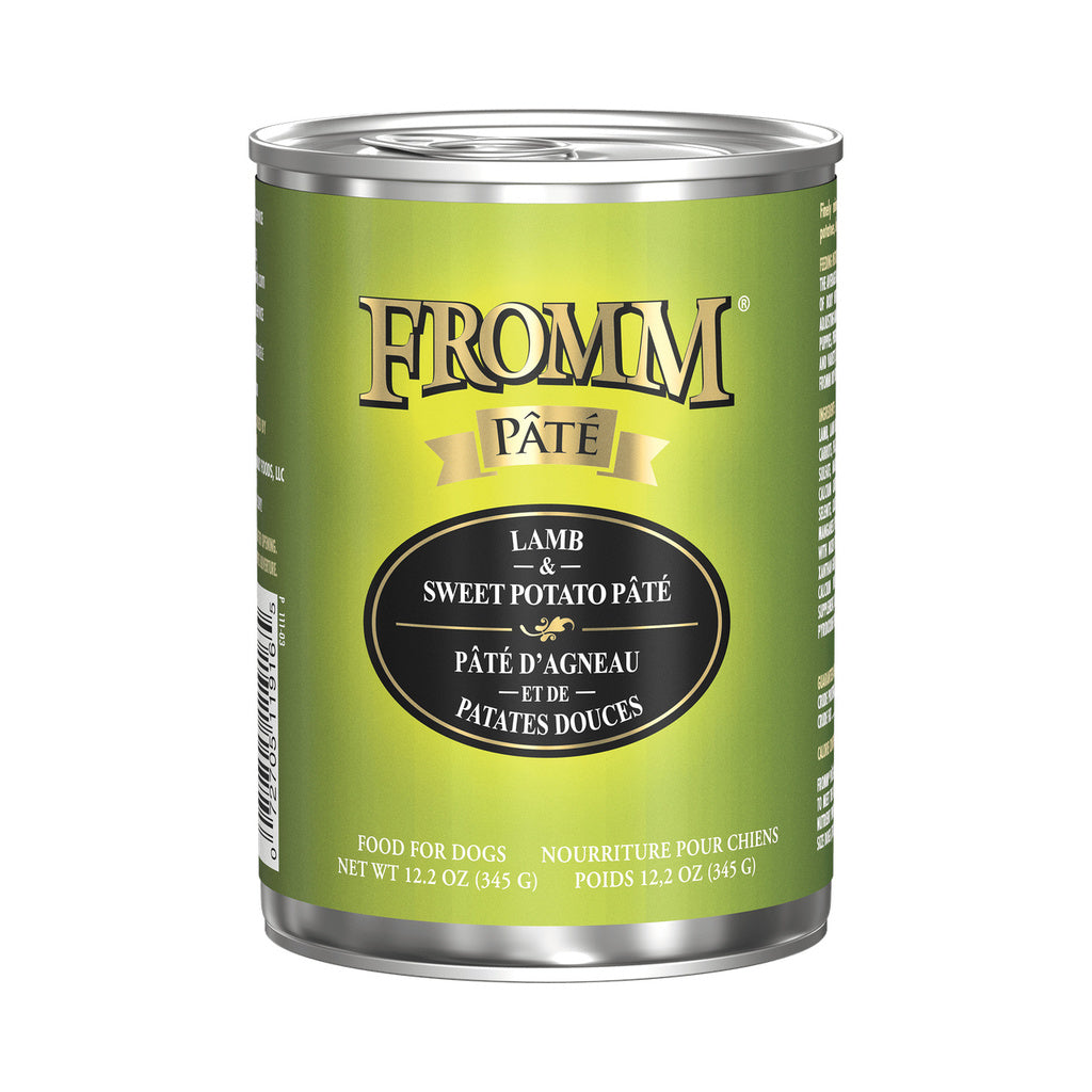 12.2 oz can of Fromm Lamb & Sweet Potato Pâté wet dog food with a green label