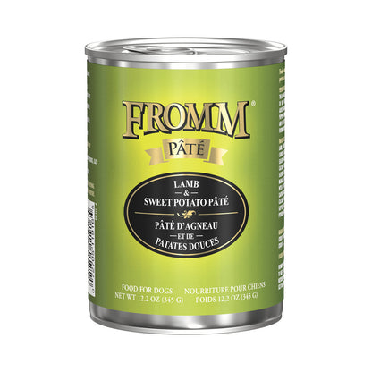 12.2 oz can of Fromm Lamb & Sweet Potato Pâté wet dog food with a green label