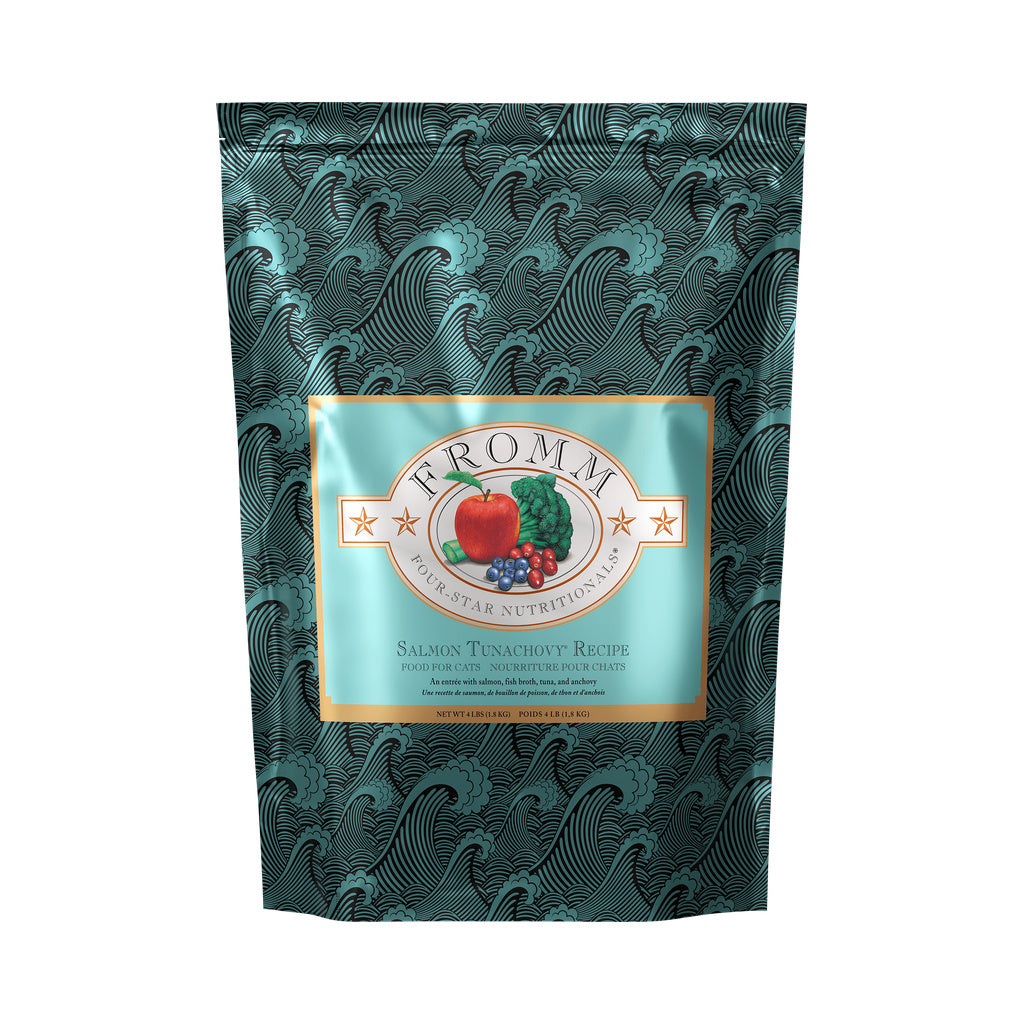 Teal bag of Fromm Four-Star Salmon Tunachovy Recipe dry cat food with a wave pattern