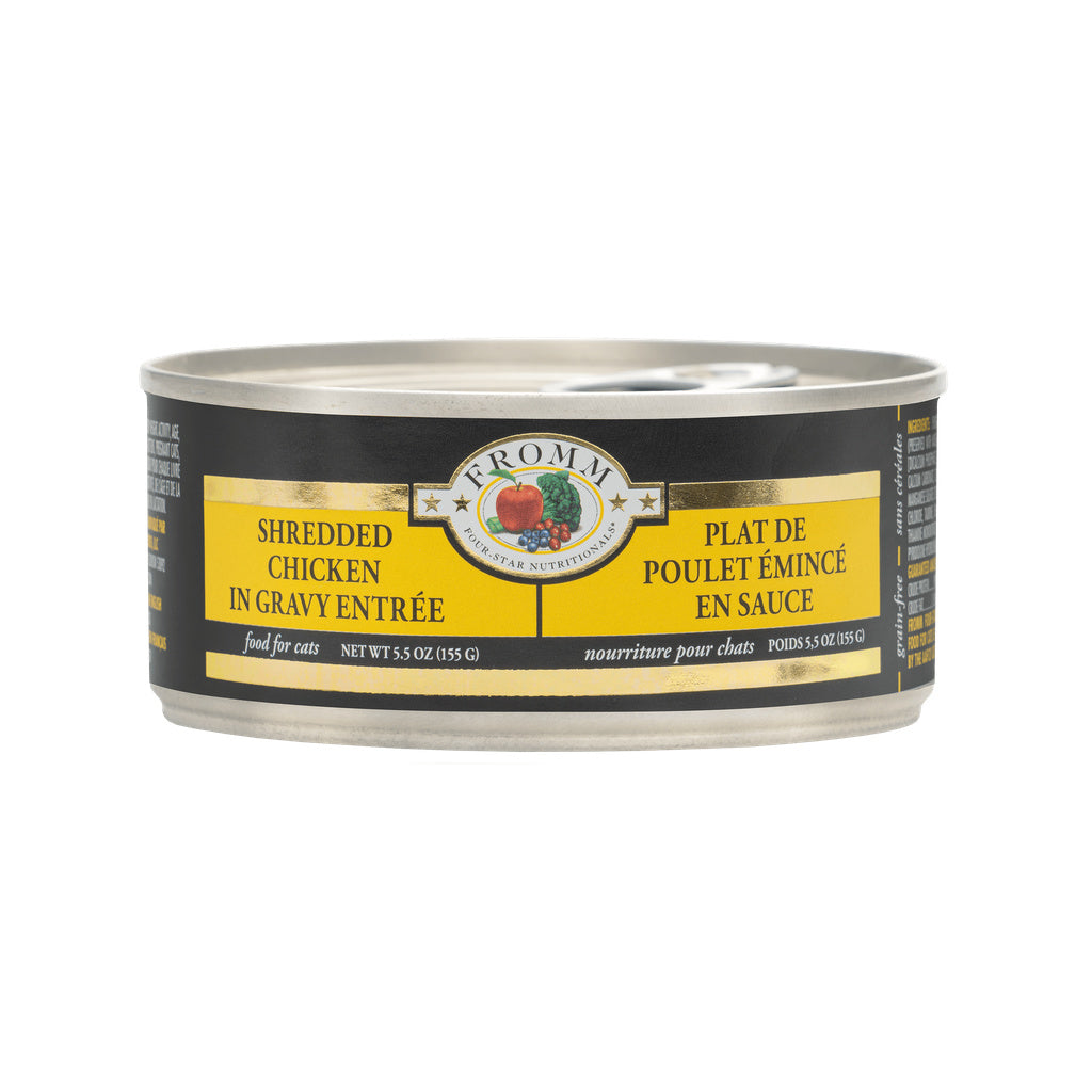 Can of Fromm Four-Star Shredded Chicken in Gravy Entrée wet cat food with a yellow and black label