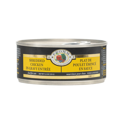Can of Fromm Four-Star Shredded Chicken in Gravy Entrée wet cat food with a yellow and black label