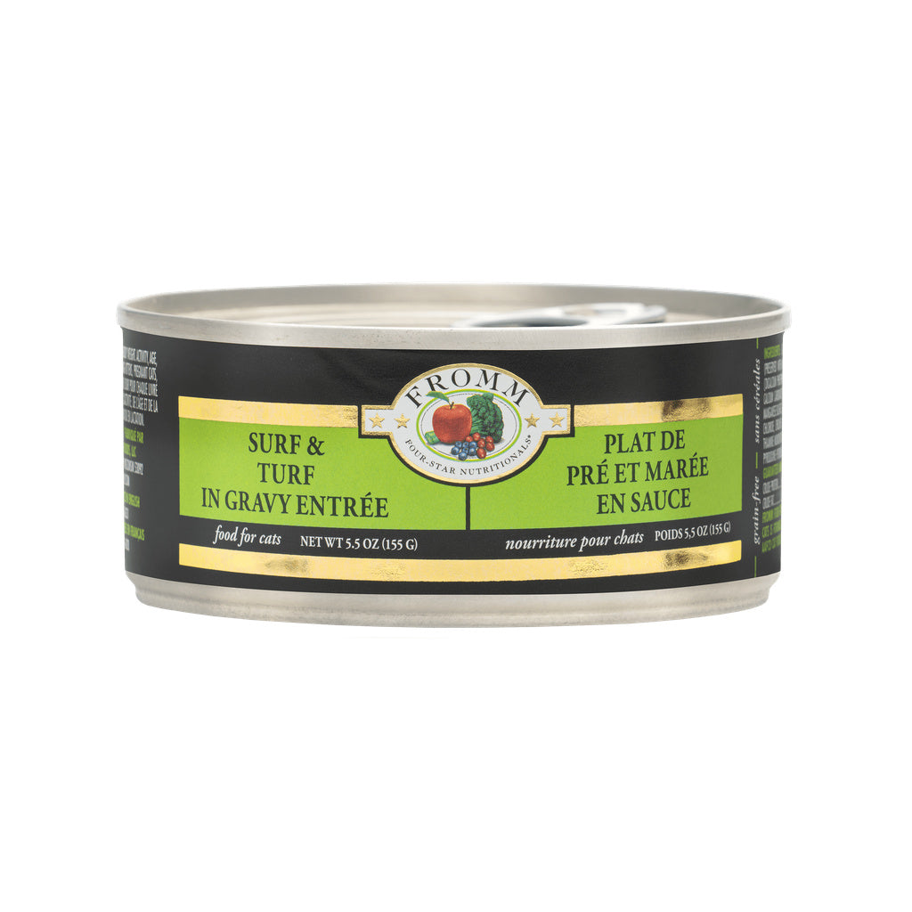Can of Fromm Four-Star Surf & Turf in Gravy Entrée wet cat food with a green and black label
