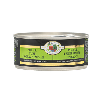 Can of Fromm Four-Star Surf & Turf in Gravy Entrée wet cat food with a green and black label