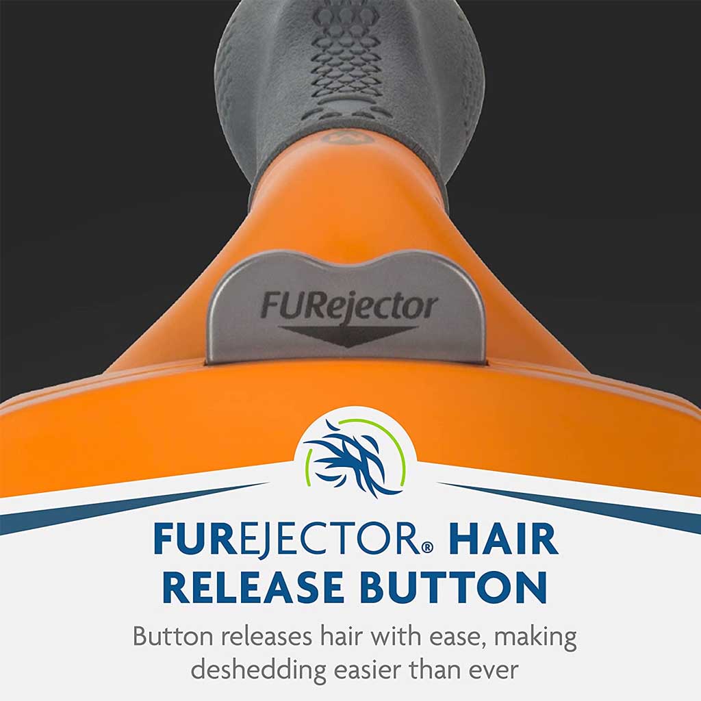 Deshed Tool For Dogs furejector hair release button. Button releases hair with ease, making deshedding easier than ever.