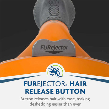 Deshed Tool For Dogs furejector hair release button. Button releases hair with ease, making deshedding easier than ever.