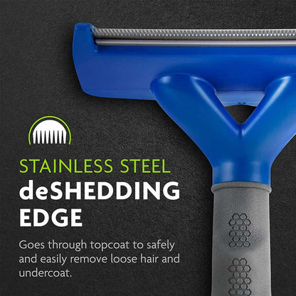 Close-up of the FURminator stainless steel deShedding edge, with text explaining removal of loose hair and undercoat