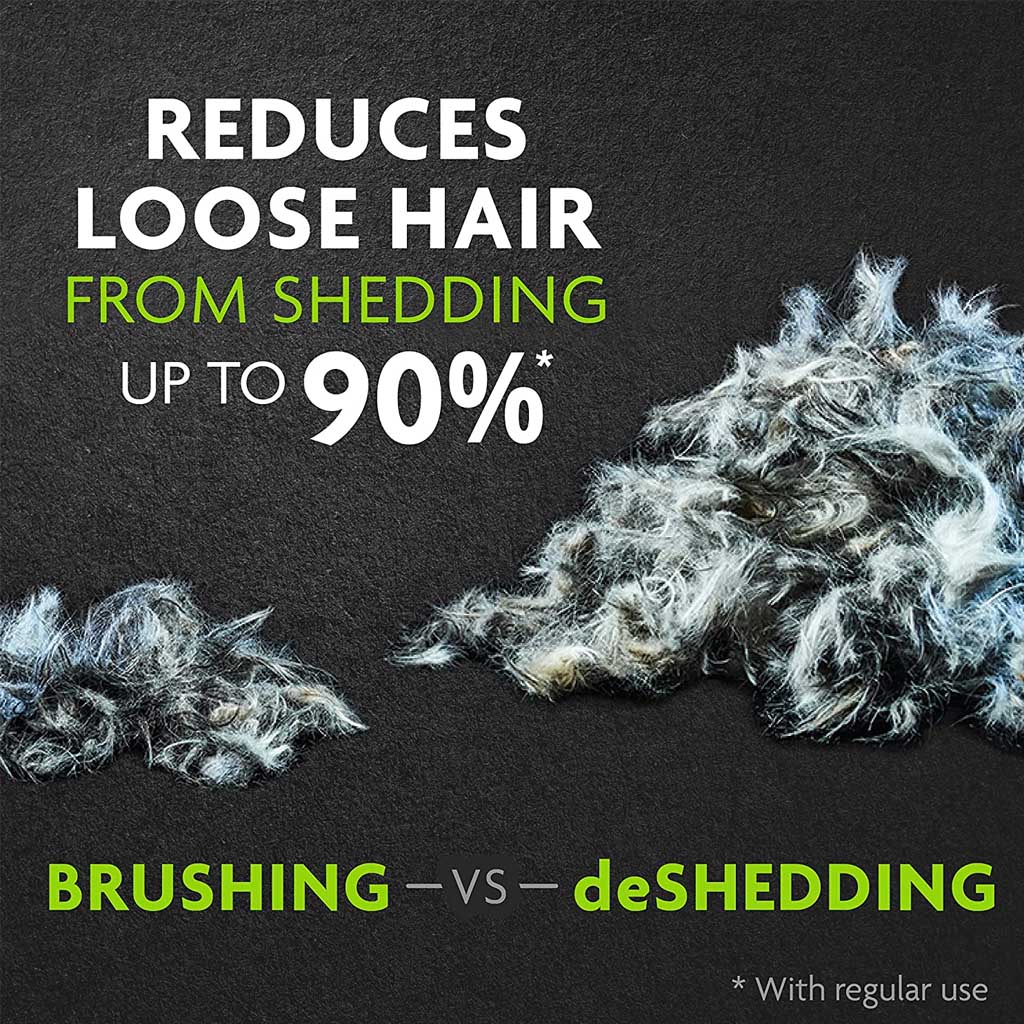 FURminator graphic comparing hair collected by brushing and deShedding, with a claim of up to 90% less loose hair with regular use
