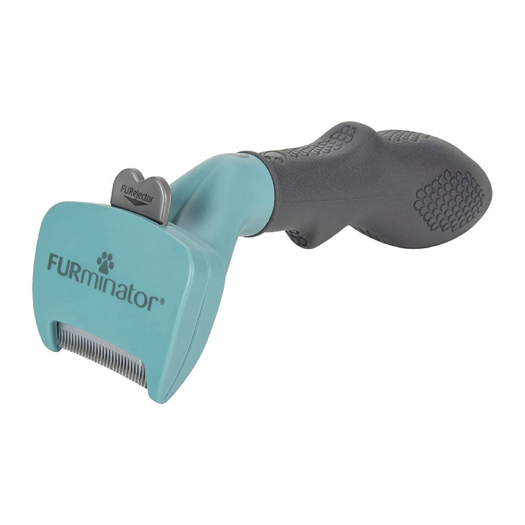 Turquoise FURminator cat deShedding tool with a stainless steel edge, gray handle and FURejector button